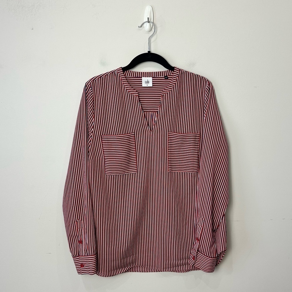 Cabi striped V neck blouse red blue white